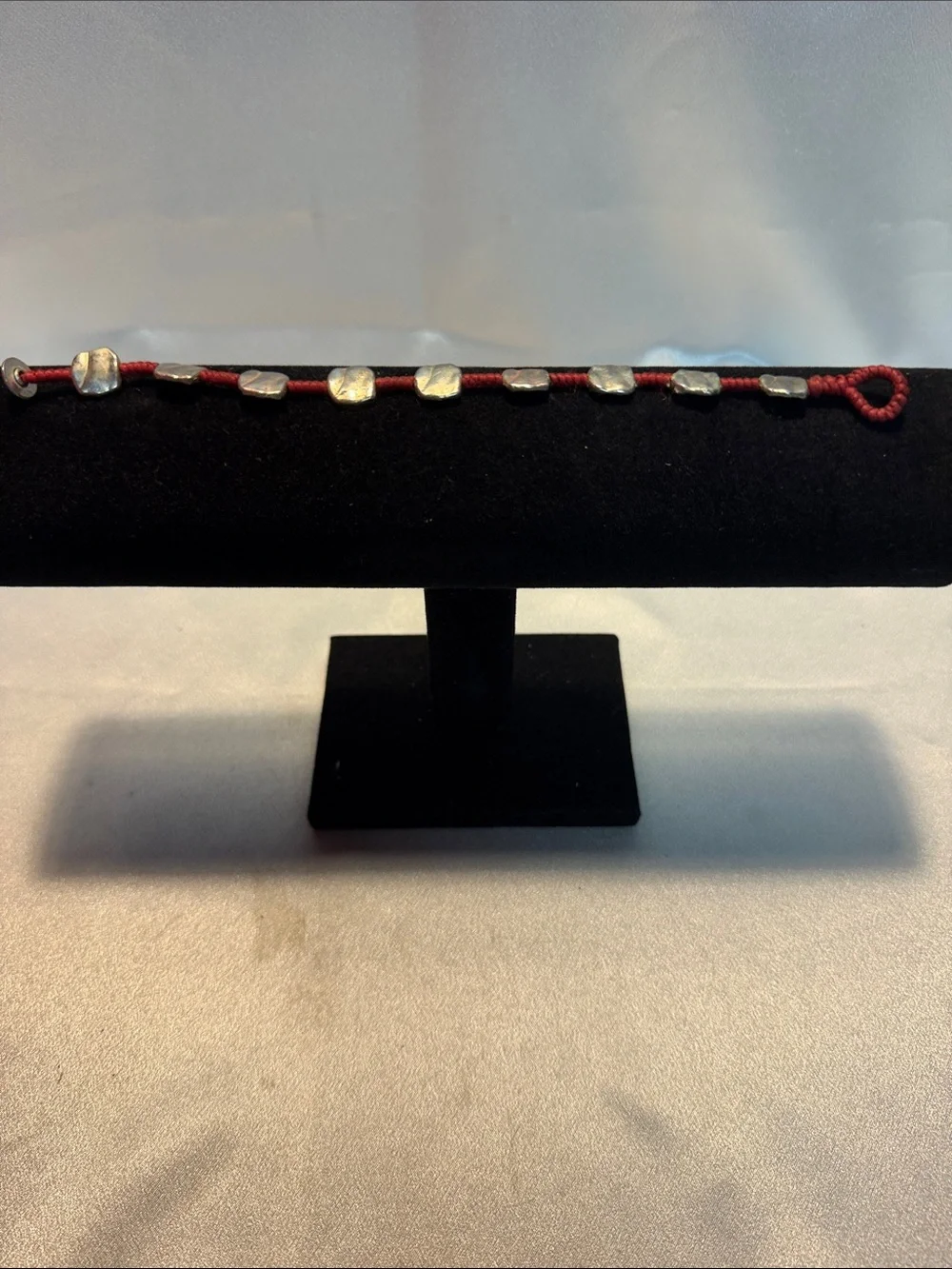 Source Unknown Red Cord Bracelet with Chunky Silver Beads
